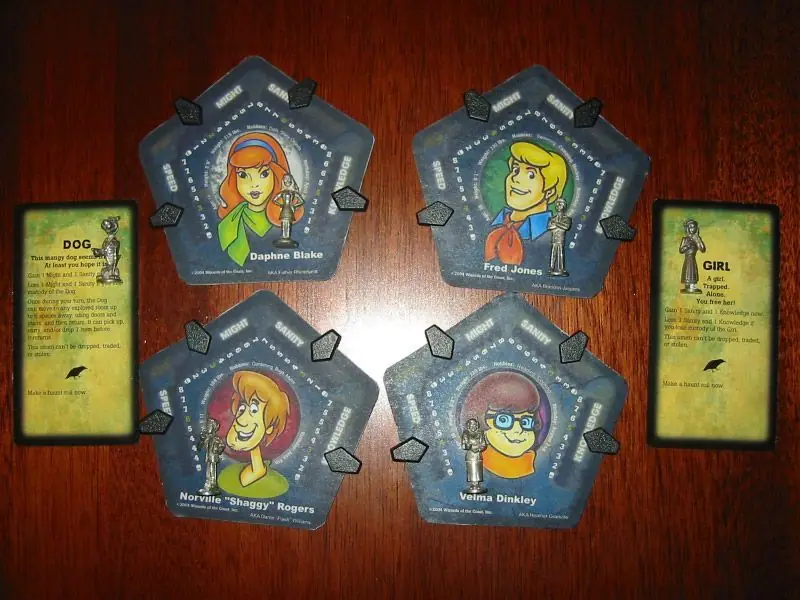Homemade Character Cards and Scooby Doo Clue pawns for Scooby Doo-based variant of Betrayal.