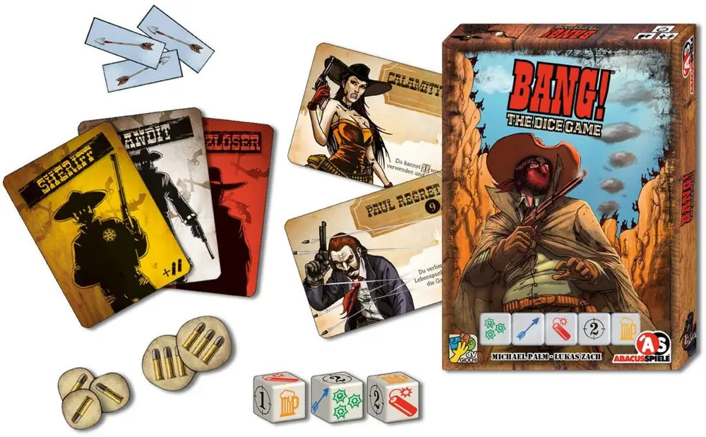 Bang! The Dice Game, ABACUSSPIELE/dV Giochi, 2013 – box and components (image provided by the publisher)