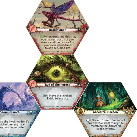 Eye of the Forest, Drakinymph, Ancestral Garden, and Deonium Arch. Illustrations by Eduardo Garcia.