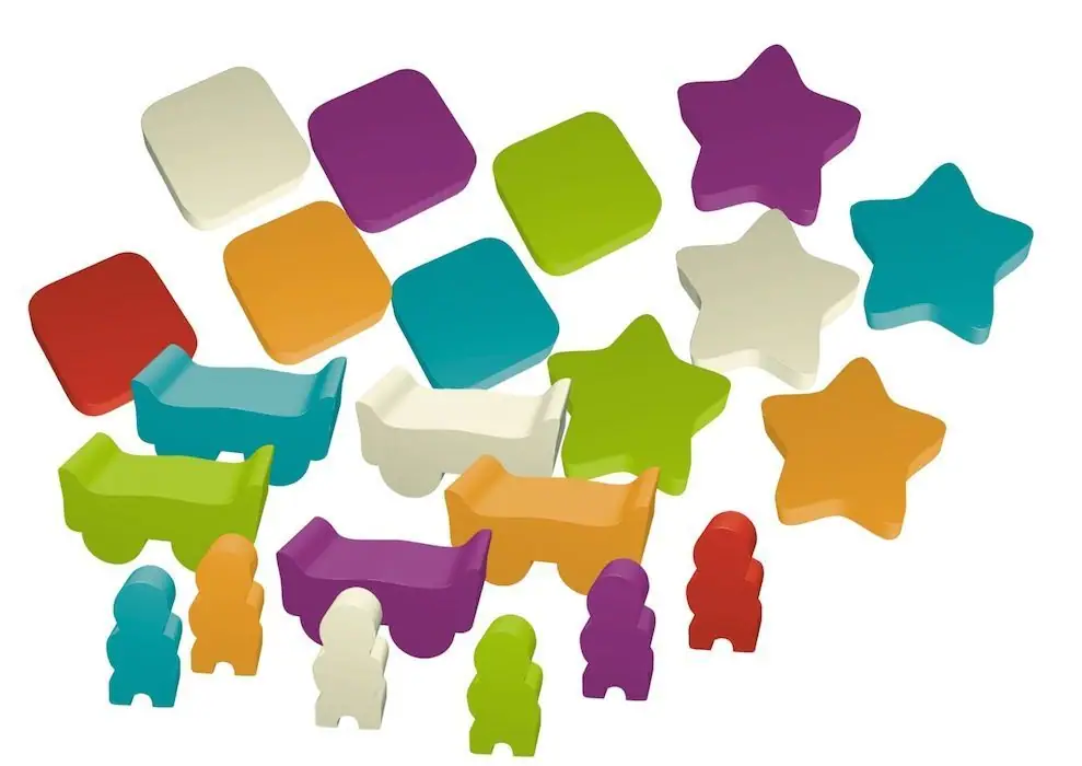 504, 2F-Spiele, 2015 - the final wooden pieces: settlements, headquarters, transport trolleys, residents