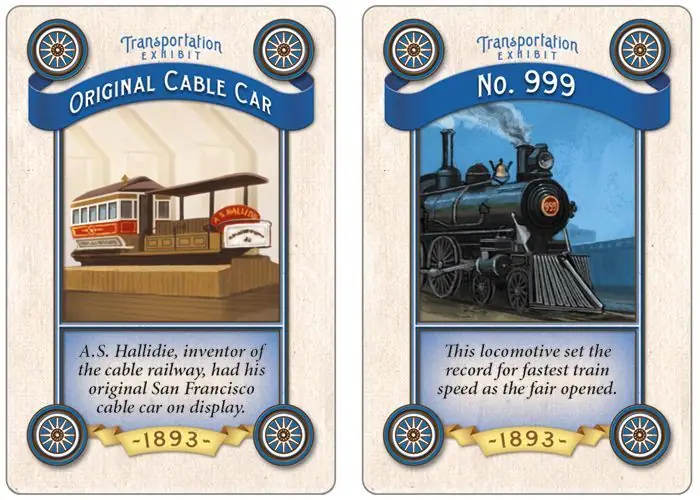 Transportation Exhibit cards: Original Cable Car (left) and Locomotive No. 999 (right).