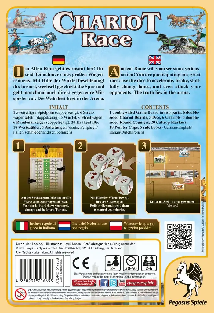 Chariot Race: Das große Wagenrennen, Pegasus Spiele, 2016 — back cover