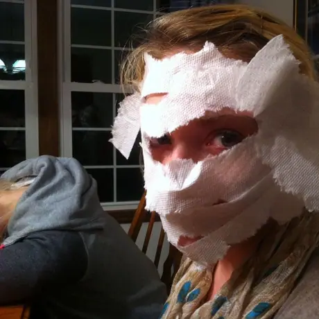 Had to break the confidentiality rule for this shot of my wife's mummy mask she had to make out of toilet paper.