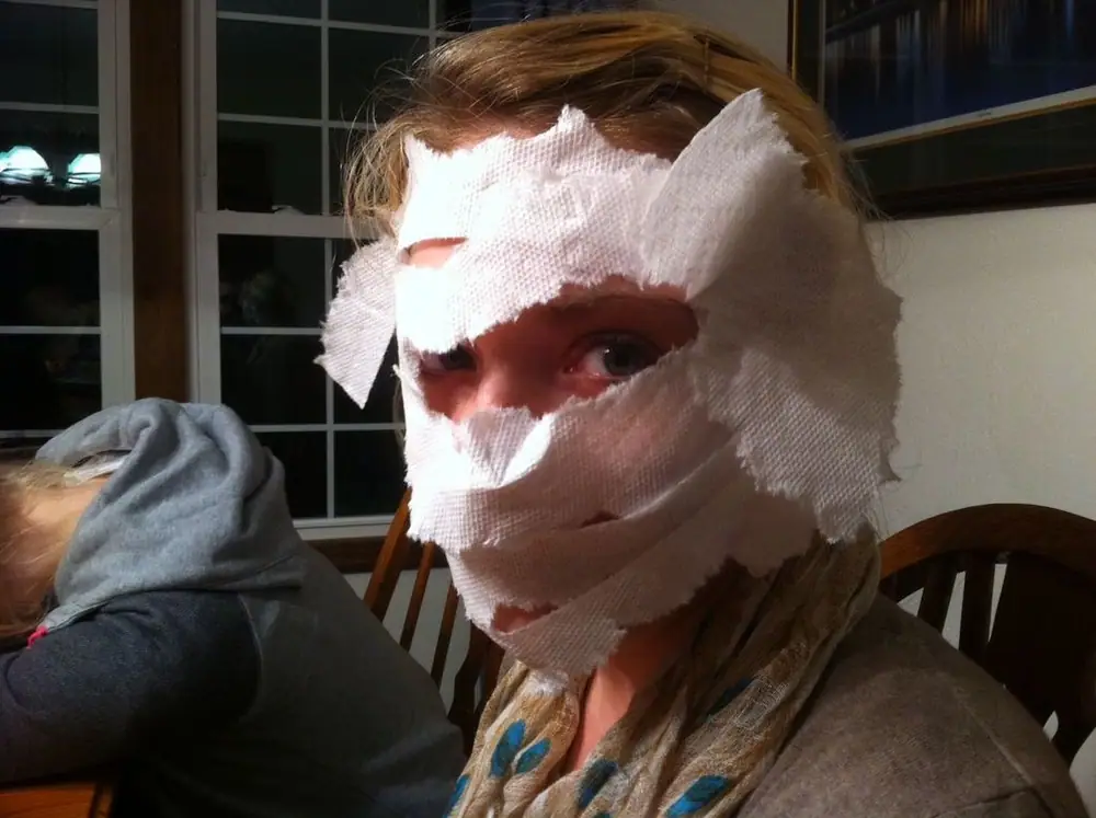 Had to break the confidentiality rule for this shot of my wife's mummy mask she had to make out of toilet paper.