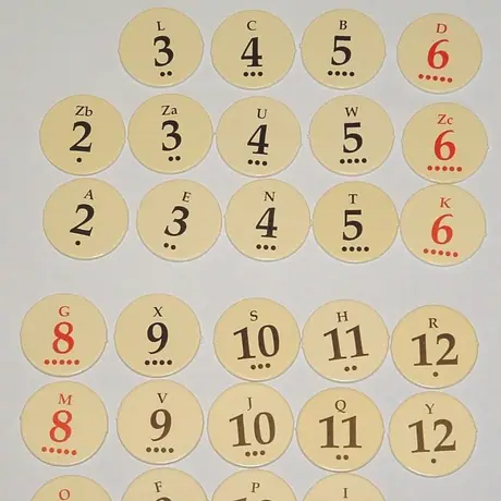 The 28 numbered tokens from the 5-6 player expansion