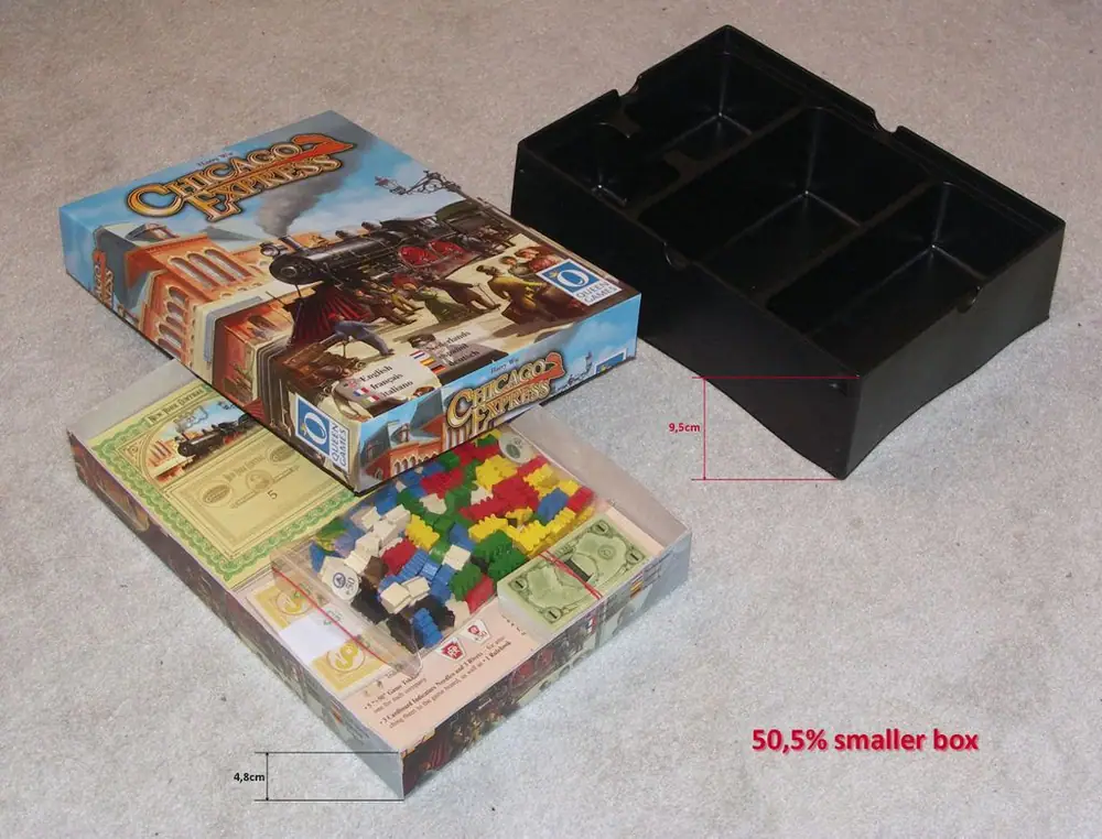 You can cut the box to 4,8cm and keep all the contents, saving up to 50% space in your shelf. And still looks great!