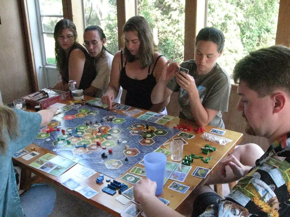 Full Catan- Settlers, Seafarers, and C&K, with all 3 5-6 expansions.  5 Players.  3.5 hours.  Good game :-)