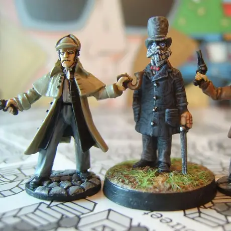 Holmes and Watson flank a deranged-looking Jack the Ripper! Replacement pieces for my themed version.
