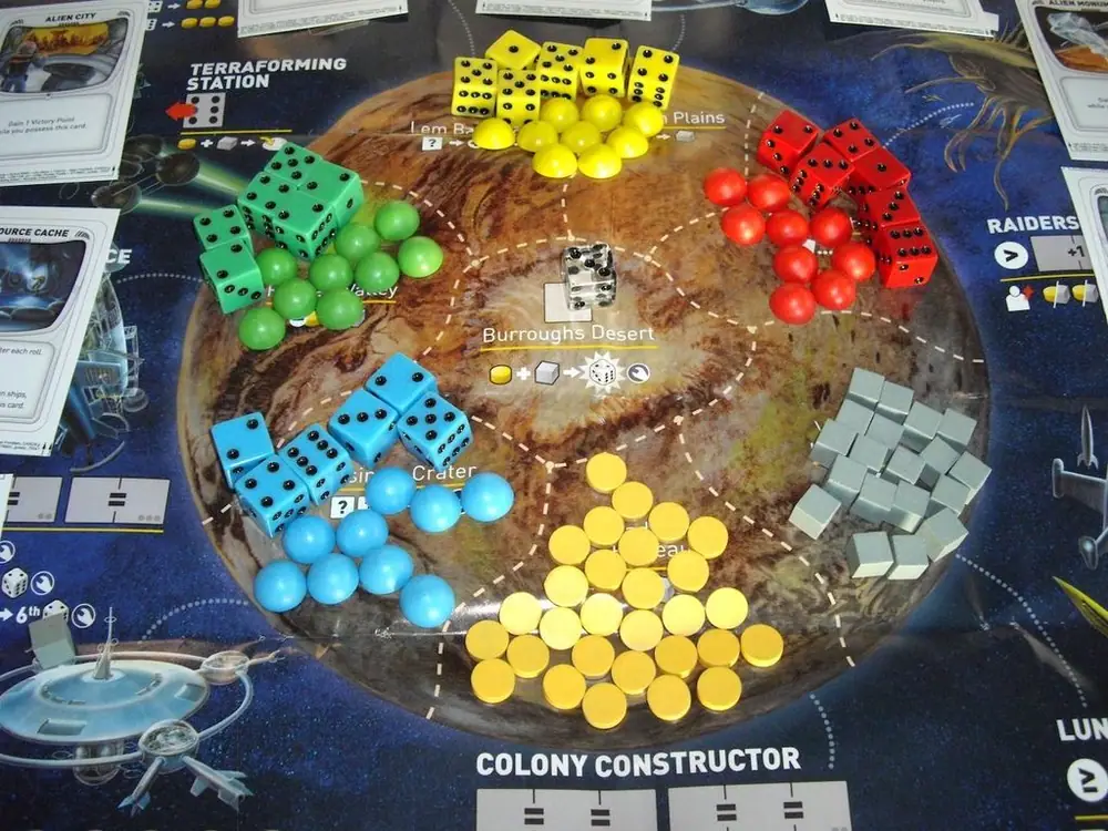 The pre-press proofs arrived today for Alien Frontiers. The Kickstarter Backers are getting the first look at the pics, but here's one for the BGG folks too.