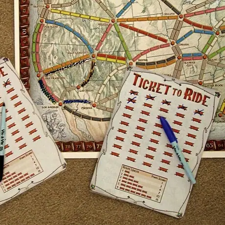Travel Ticket to Ride - I wanted to create a travel T2R so I printed off a smaller map (16"x24") and laminated it. Then I created 4 "train cards" with 45 trains on each and laminated those. I use overhead markers to mark the tracks.