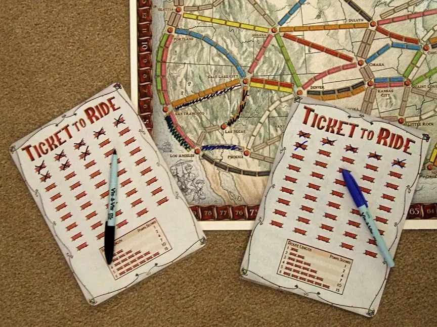 Travel Ticket to Ride - I wanted to create a travel T2R so I printed off a smaller map (16"x24") and laminated it. Then I created 4 "train cards" with 45 trains on each and laminated those. I use overhead markers to mark the tracks.