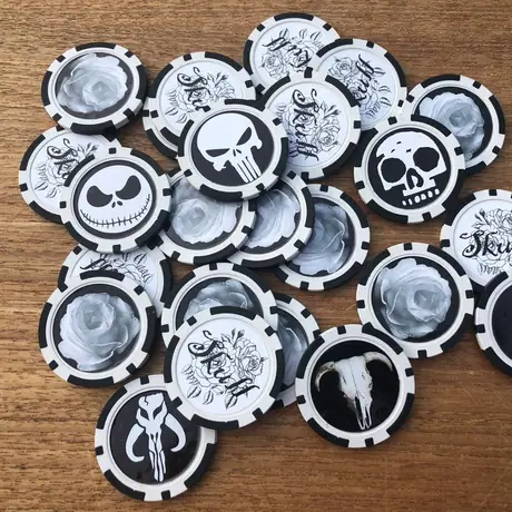 Custom-made Skull game using poker chips and vinyl stickers